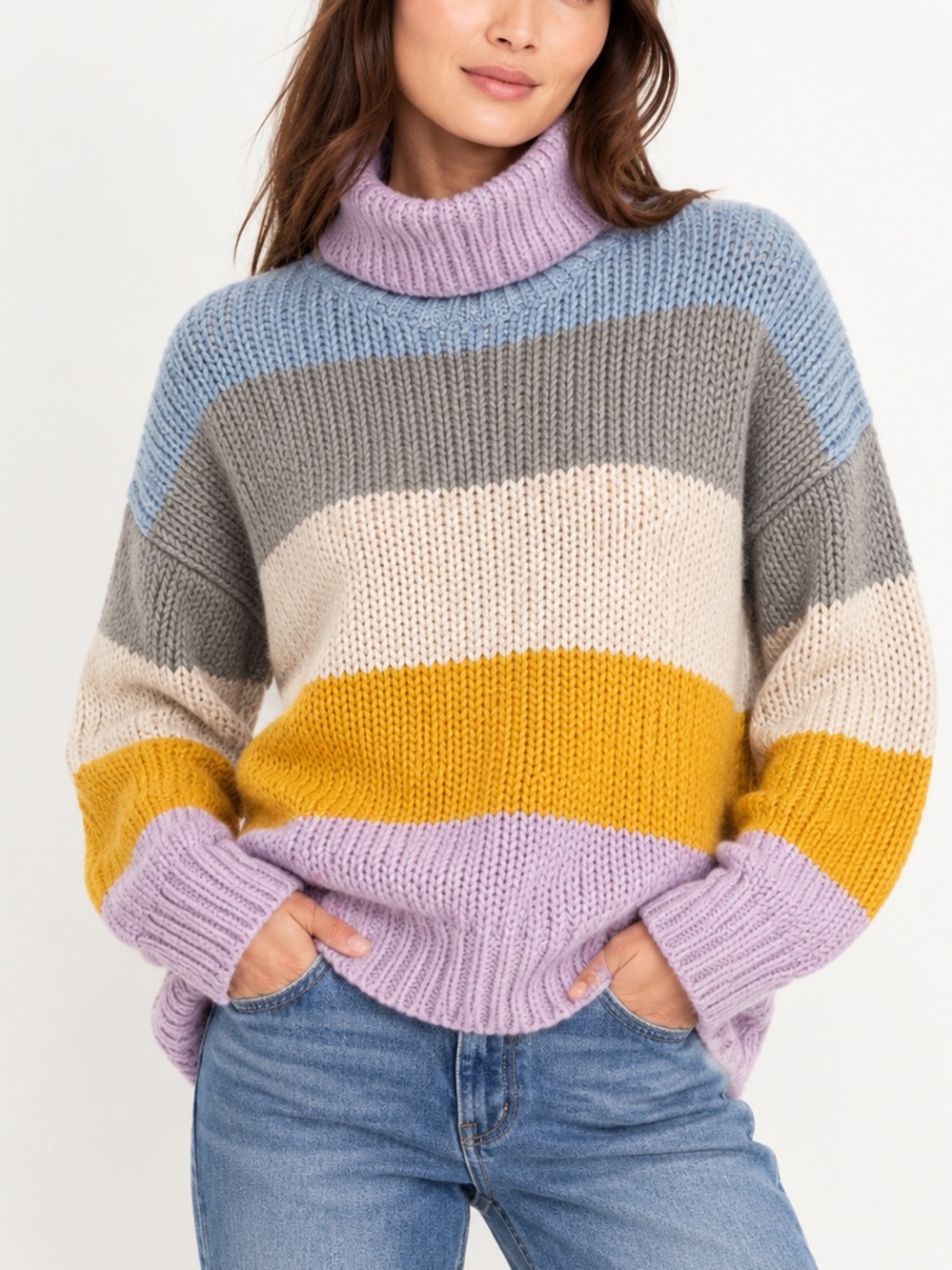 Elodie Multicolor Striped Cowlneck Sweater in Lavender, Mustard & Grays